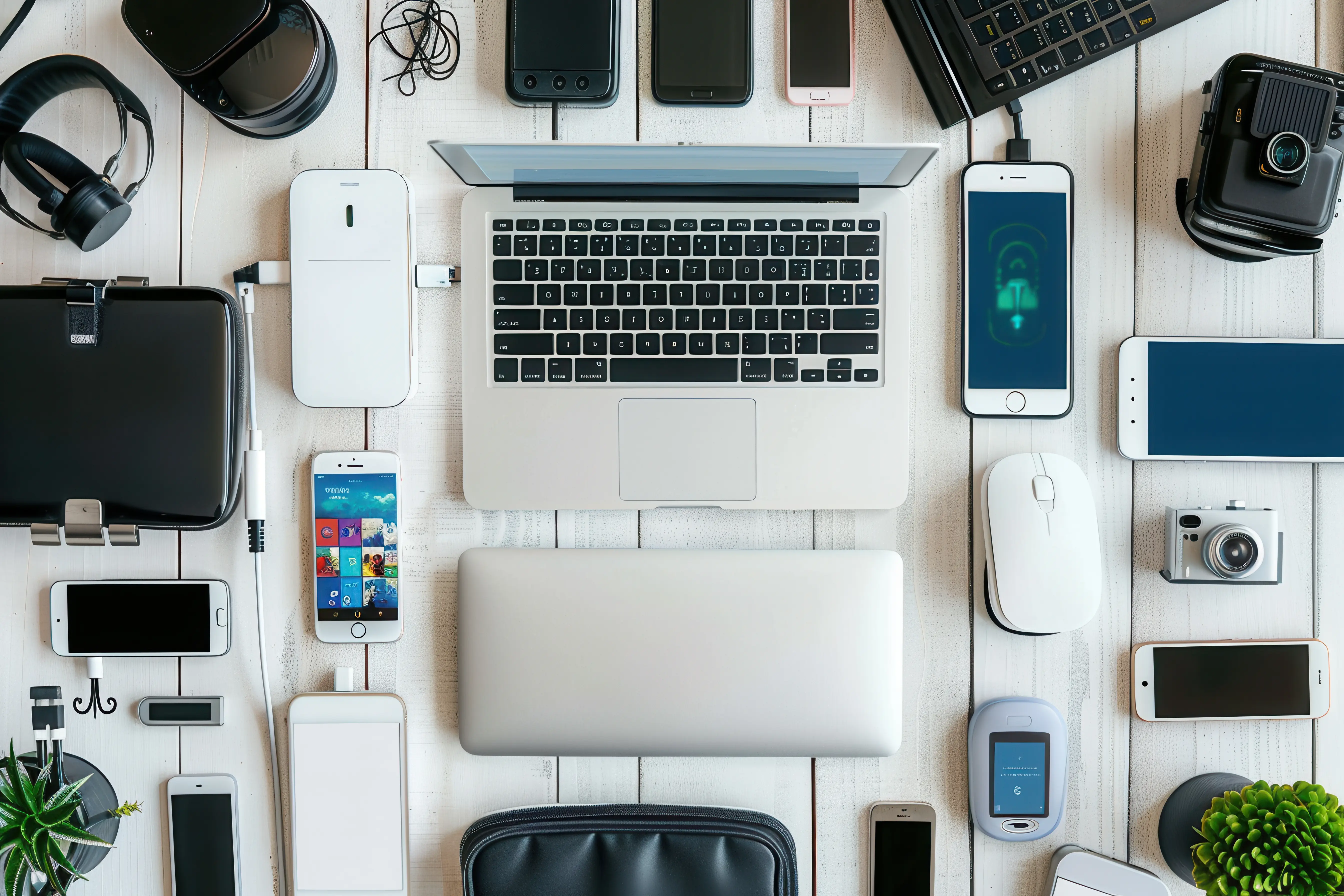 Flat Lay Image Showcasing Various Electronic Devices Including Smartphones Laptops Other Gadgets Being Charged Simultaneously White Wooden Tabletop Generative Ai