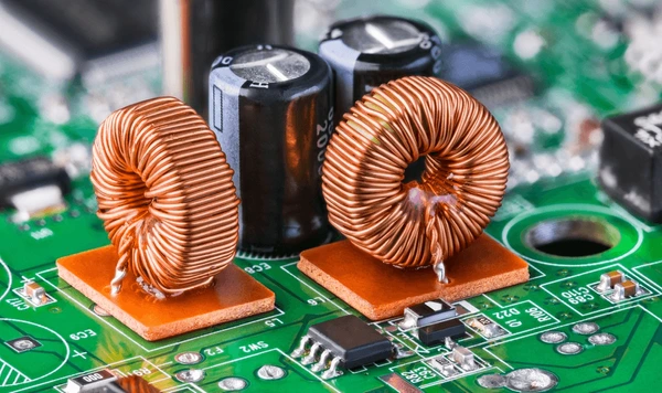 PCB Inductors With Capacitors On A Yellow Background